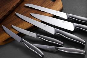 img 3 attached to 🔪 T.J Koch 14-Piece Stainless Steel Knife Set with Golden Oak Block - Premium Non-Slip Single Piece, Kitchen Scissors, and Sharpener Rod