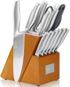 img 4 attached to 🔪 T.J Koch 14-Piece Stainless Steel Knife Set with Golden Oak Block - Premium Non-Slip Single Piece, Kitchen Scissors, and Sharpener Rod