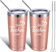 🌹 rose gold 2 pack teacher appreciation gifts: best teacher ever! thank you gifts for teachers, coworkers, friends, and more - 20 oz stainless steel mug tumblers with lids and straws logo