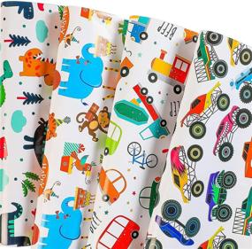 img 4 attached to 🎁 BULKYTREE Kids Birthday Wrapping Paper - 12 Sheets Dinosaur, Monster Truck, Happy Animals Design Gift Wrap for Birthdays, Baby Showers, and Holidays - 20 x 29 Inch Per Sheet, Folded Flat