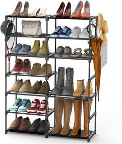 img 4 attached to 👞 Auledio Stackable Shoe Rack Organizer for Bedroom Closet - 7 Tier Shoe Tower Shelf with Hooks, Holds 30-40 Pairs