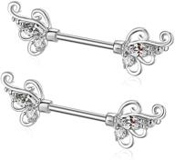 🌸 gabry&jwl 2pcs vintage flower nipplerings: stainless steel straight barbell nipple piercing with floral filigree inlay, cubic zirconia butterfly wings for women - bar length 14mm logo