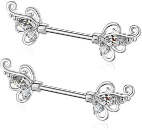 img 4 attached to 🌸 Gabry&jwl 2Pcs Vintage Flower Nipplerings: Stainless Steel Straight Barbell Nipple Piercing with Floral Filigree Inlay, Cubic Zirconia Butterfly Wings for Women - Bar Length 14mm