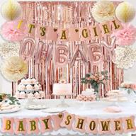 🌸 rose gold baby shower decorations: picture-perfect celebration for your girl with pink gold it’s a girl banner, rose gold balloons, fringe curtains, pom poms, and honeycomb balls by happyfield logo