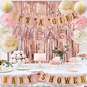 img 4 attached to 🌸 Rose Gold Baby Shower Decorations: Picture-perfect Celebration for your Girl with Pink Gold It’s A Girl Banner, Rose Gold Balloons, Fringe Curtains, Pom Poms, and Honeycomb Balls by HappyField
