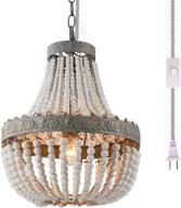 🏮 newrays wood bead chandelier pendant lamp fixture with gray and white finish, bohemian boho beachy style - plug-in ceiling light логотип