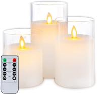 set of 3 pure white flickering flameless candles with timer and remote control - battery operated glass led pillar candles, moving flame, wax - 5 plots логотип