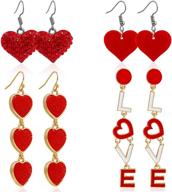 valentine's day jewelry gift: 4 pairs love heart shiny crystal beads drop dangle earrings for women, mom, girlfriend | rhinestone interlocking red peach heart letter pendant earrings logo