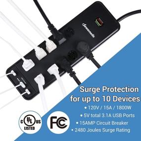 img 3 attached to DEWENWILS 10-Outlet Surge Protector Power Strip with 4 USB Ports | 15 FT Extension Cord | 2480J Surge Rating | Wall Mountable | UL Listed