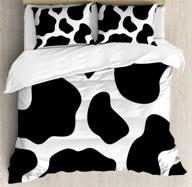 ambesonne cow print duvet cover set, animal hide with dark spots, abstract barnyard life design, 3 piece bedding set with 2 pillow shams, king size, black and white logo