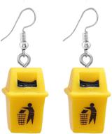 unique handmade exaggerated funny yellow trash can drop earrings for fashion-forward dangle jewelry lovers logo