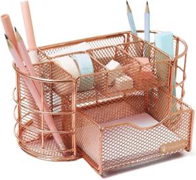 img 4 attached to 🌹 Rosework Rose Gold Desk Organizer - All-In-One Mesh Pen Holder with Drawer, Pencil Holder - Ideal for Home Office and Rose Gold Desk Accessories