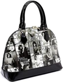 img 2 attached to 👜 Glossy Magazine Cover Collage Satchel Bag: Michelle Obama-Inspired Bowling Bag Style with Wallet Set - 2-in-1 Design