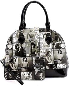 img 4 attached to 👜 Glossy Magazine Cover Collage Satchel Bag: Michelle Obama-Inspired Bowling Bag Style with Wallet Set - 2-in-1 Design