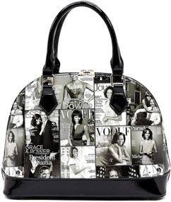 img 3 attached to 👜 Glossy Magazine Cover Collage Satchel Bag: Michelle Obama-Inspired Bowling Bag Style with Wallet Set - 2-in-1 Design