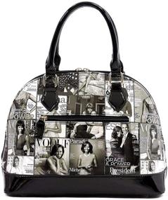 img 1 attached to 👜 Glossy Magazine Cover Collage Satchel Bag: Michelle Obama-Inspired Bowling Bag Style with Wallet Set - 2-in-1 Design