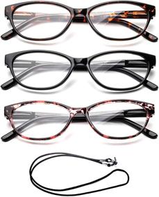 img 3 attached to 👓 3-Pack of Women's Translucent Tortoise Shell Fashion Reading Glasses with Lanyard - Slim Cat Eye Style