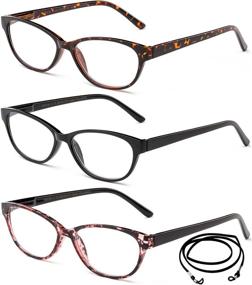 img 2 attached to 👓 3-Pack of Women's Translucent Tortoise Shell Fashion Reading Glasses with Lanyard - Slim Cat Eye Style