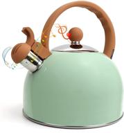 green flantor tea kettle - 2.5 quart whistling teapot with wood pattern handle - food grade stainless steel water kettle for stovetops - anti-hot handle logo