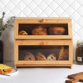 img 2 attached to 🍞 Xergur Extra Large Bamboo Bread Box - Farmhouse Style Double Compartment Bread Storage Bin Holder for Kitchen Countertop, with Clear Window, Double Layer Bread Organizer (Self-Assembly)