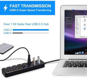 img 2 attached to 🔌 High-Speed USB 3.0 Hub Splitter - 7 Port USB Extension with On/Off Switches, 4 Data Transfer & 3 Charging Ports, 12V/3A Power Adapter - Ideal for PC Laptops