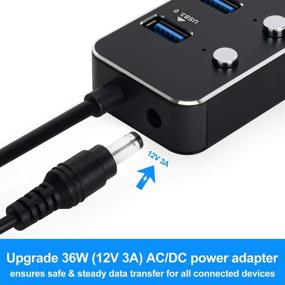 img 1 attached to 🔌 High-Speed USB 3.0 Hub Splitter - 7 Port USB Extension with On/Off Switches, 4 Data Transfer & 3 Charging Ports, 12V/3A Power Adapter - Ideal for PC Laptops