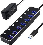 🔌 high-speed usb 3.0 hub splitter - 7 port usb extension with on/off switches, 4 data transfer & 3 charging ports, 12v/3a power adapter - ideal for pc laptops logo