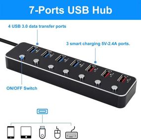 img 3 attached to 🔌 High-Speed USB 3.0 Hub Splitter - 7 Port USB Extension with On/Off Switches, 4 Data Transfer & 3 Charging Ports, 12V/3A Power Adapter - Ideal for PC Laptops