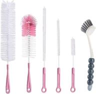 🍼 bottle cleaning brush set with long handle for wine, beer, baby bottles - includes dish brush, bottle brush, sink brush, straw brush, kettle spout, lid brush (pink) logo