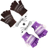 usb heated gloves for men and women - 2 pack, mitten design with usb 2.0 power, striped heating pattern, knitting wool, fingerless, washable, laptop gloves for hands warmth, ideal gift (brown + purple) logo