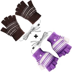 img 4 attached to USB Heated Gloves for Men and Women - 2 Pack, Mitten Design with USB 2.0 Power, Striped Heating Pattern, Knitting Wool, Fingerless, Washable, Laptop Gloves for Hands Warmth, Ideal Gift (Brown + Purple)