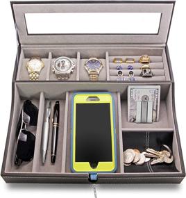 img 4 attached to 📱 HOUNDSBAY Navigator Large Dresser Valet Tray for Men with Watch Box, Jewelry Organizer, and Angled Charging Station - Grey
