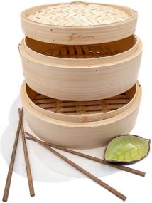 img 4 attached to Authentic Handcrafted 10 Inch Bamboo Steamer - Dual Layer, Perfect for Dim Sum, Bao Buns, Rice, Vegetables, Meat & Fish - Includes 2 Sets of Chopsticks, 20 Liners & Sauce Dish