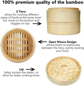 img 2 attached to Authentic Handcrafted 10 Inch Bamboo Steamer - Dual Layer, Perfect for Dim Sum, Bao Buns, Rice, Vegetables, Meat & Fish - Includes 2 Sets of Chopsticks, 20 Liners & Sauce Dish