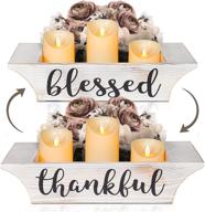 🏡 thankful blessed rustic home decor candle holder box: elegant table centerpieces for living room, farmhouse style, white washed with flameless candles. perfect housewarming gift idea! logo
