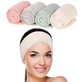 img 4 attached to 🌸 Whaline Spa Facial Headband for Face Washing, Makeup, Shower - 4 Pack Adjustable Coral Fleece Hair Band in Pea Green, Pink, Beige, Light Gray