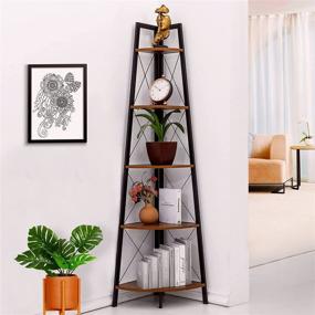 img 4 attached to 📚 Rustic Brown Finish FIWOO Corner Bookcase - 70 Inch Tall 5-Tier Corner Shelf for Living Room, Vertical Bookshelf, Corner Decor, Wood Ladder Shelf, Corner Plant Stand