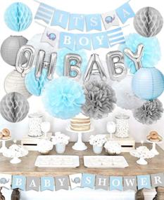 img 4 attached to 🐘 Adorable Elephant Baby Shower Decorations for Boys: Blue and Silver Theme with It's A Boy Banner, Paper Lanterns, Pom Poms, Flowers, Honeycomb Balls - Perfect for an Elephant Themed Baby Shower Decor