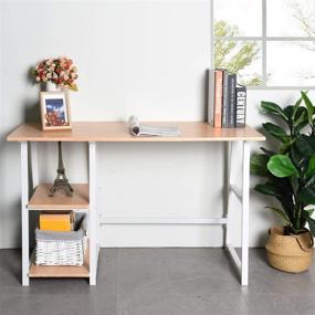 img 4 attached to 🖥️ CozyCasa Computer Desk: Stylish Mid Century Writing Desk with Shelves for Small Home Office in Beech Finish