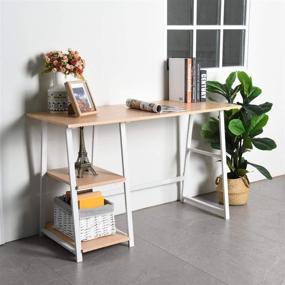 img 2 attached to 🖥️ CozyCasa Computer Desk: Stylish Mid Century Writing Desk with Shelves for Small Home Office in Beech Finish