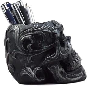 img 3 attached to 🖊️ Ebros Gift Set: Tribal Tattoo Floral Skull Pen Holder Figurine 5.75"L for Office Desktop Decor - Halloween Macabre Graveyard Spooky Statue