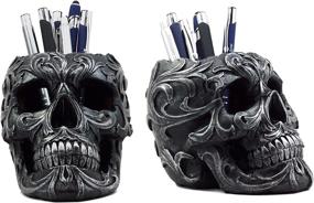 img 4 attached to 🖊️ Ebros Gift Set: Tribal Tattoo Floral Skull Pen Holder Figurine 5.75"L for Office Desktop Decor - Halloween Macabre Graveyard Spooky Statue