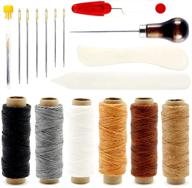 complete leather sewing tools kit - 6 shades of waxed thread, assorted large eye needles, scissor, awl, bone folder for premium leather stitching and supplies logo