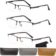 👓 men's reading glasses - pack of 3: metal frame blue light blocking readers, anti glare/uv, spring hinge for eyestrain, includes pouches logo