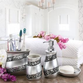 img 3 attached to 🛁 Silver Mosaic Glass Bathroom Accessories Set - Luxury 4-Piece Gift Set with Soap Dispenser, Toothbrush Holder, Tumbler & Soap Dish
