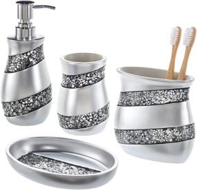 img 4 attached to 🛁 Silver Mosaic Glass Bathroom Accessories Set - Luxury 4-Piece Gift Set with Soap Dispenser, Toothbrush Holder, Tumbler & Soap Dish