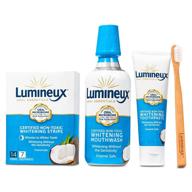 lumineux oral essentials натуральный набор для отбеливания зубов - 7 процедур (14 🌟 полосок для отбеливания), отбеливающий полоскатель, зубная паста и зубная щетка из бамбука - сертифицированы как небезопасные, без фторида. логотип