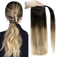 💇 full shine 18 inch human hair ponytail extension - wrap around real hair, clip in balayage black to brown and blonde 1b/8/22 hair extensions - straight ponytail logo