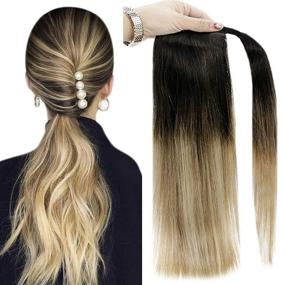 img 4 attached to 💇 Full Shine 18 Inch Human Hair Ponytail Extension - Wrap Around Real Hair, Clip in Balayage Black to Brown and Blonde 1B/8/22 Hair Extensions - Straight Ponytail