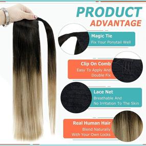 img 3 attached to 💇 Full Shine 18 Inch Human Hair Ponytail Extension - Wrap Around Real Hair, Clip in Balayage Black to Brown and Blonde 1B/8/22 Hair Extensions - Straight Ponytail